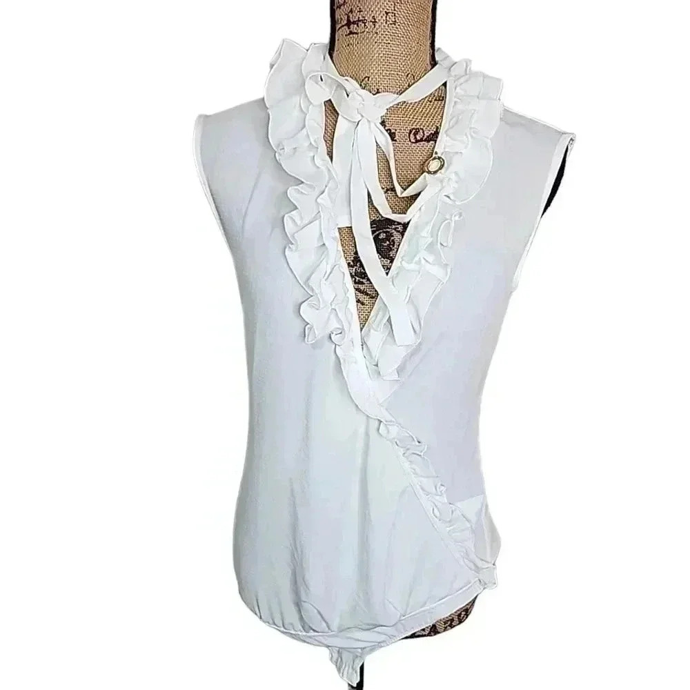 Mangano White Ruffled Open Front, Very Soft Body Suit. Size Tg.42 Us Medium